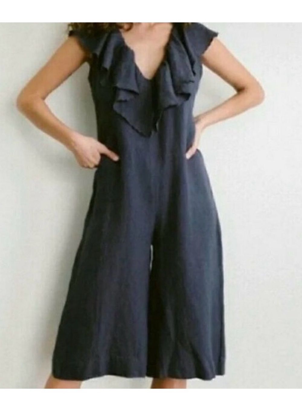 Maria Stanley Ruffle V-Neck Wide-Leg Jumpsuit - Charcoal